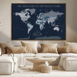 76726424-MGV-CV-36X24-Personalized World Map Wall Art – Navy Blue & Grey Adventure Travel Map with Custom Family or Couple Names, Modern Wall Decor for