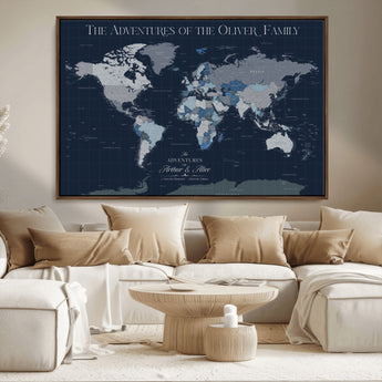 76726424-MGV-CV-36X24-Personalized World Map Wall Art – Navy Blue & Grey Adventure Travel Map with Custom Family or Couple Names, Modern Wall Decor for