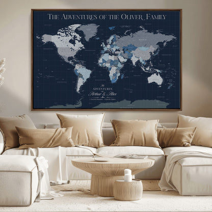 76726424-MGV-CV-36X24-Personalized World Map Wall Art – Navy Blue & Grey Adventure Travel Map with Custom Family or Couple Names, Modern Wall Decor for