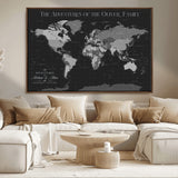 46064114-MGV-CV-36X24-Personalized World Map Wall Art – Black & Grey Adventure Travel Map with Custom Family or Couple Names, Modern Wall Decor for Home
