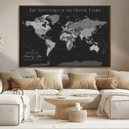 46064114-MGV-CV-36X24-Personalized World Map Wall Art – Black & Grey Adventure Travel Map with Custom Family or Couple Names, Modern Wall Decor for Home