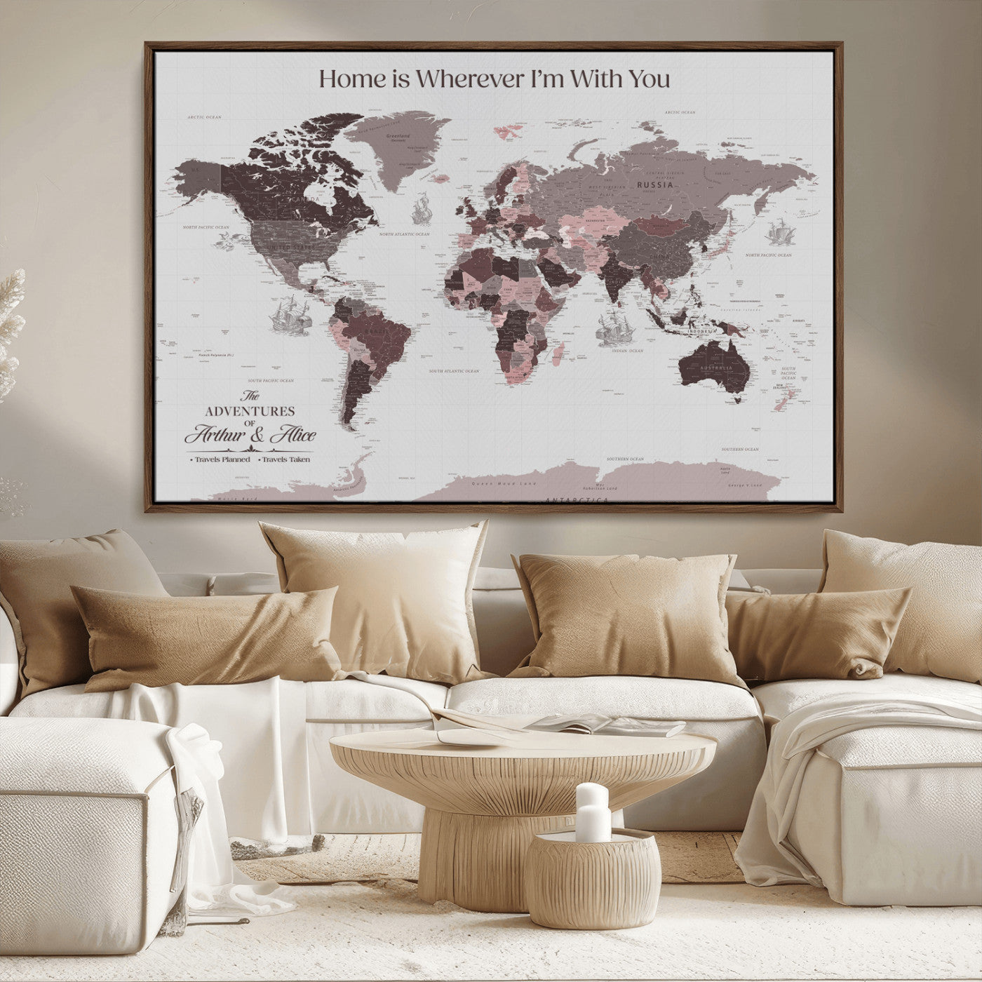 33204797-MGV-CV-36X24-Personalized World Map Wall Art – Burgundy & Grey Adventure Travel Map with Custom Names, Romantic Wall Decor for Couples, Home or