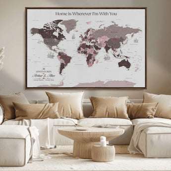 33204797-MGV-CV-36X24-Personalized World Map Wall Art – Burgundy & Grey Adventure Travel Map with Custom Names, Romantic Wall Decor for Couples, Home or