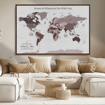 33204797-MGV-CV-36X24-Personalized World Map Wall Art – Burgundy & Grey Adventure Travel Map with Custom Names, Romantic Wall Decor for Couples, Home or