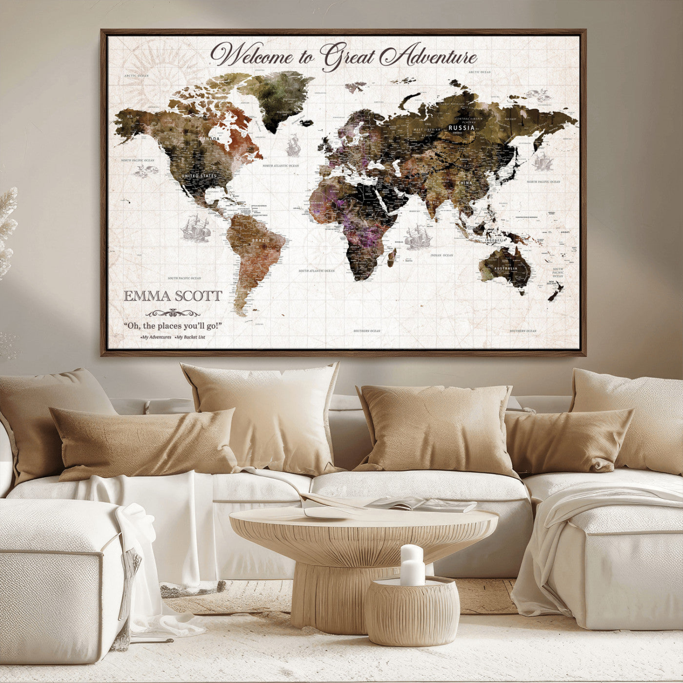 33631532-MGV-FC-36X24_Walnut-Personalized World Map Wall Art – Dark Vintage Adventure Travel Map with Custom Names, Rustic Wall Decor for Couples, Home or