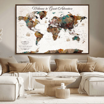 67029173-MGV-FC-36X24_Walnut-Personalized World Map Wall Art – Colorful Vintage Adventure Travel Map with Custom Couple Names, Rustic Wall Decor for Home,