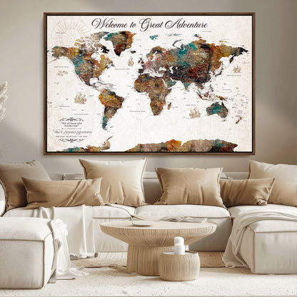 67029173-MGV-FC-36X24_Walnut-Personalized World Map Wall Art – Colorful Vintage Adventure Travel Map with Custom Couple Names, Rustic Wall Decor for Home,