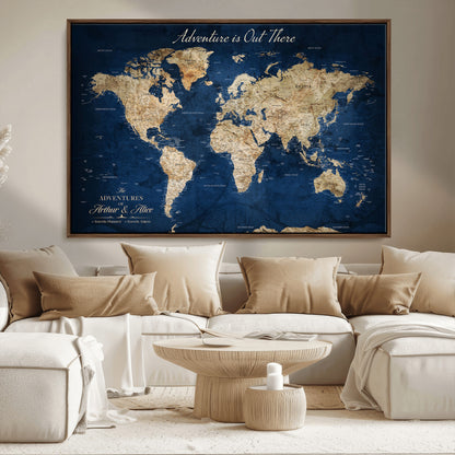 71052542-MGV-FC-36X24_Walnut-Personalized World Map Wall Art – Rustic Navy Blue Adventure Travel Map with Custom Couple Names, Vintage Wall Decor for Home or