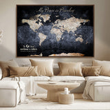 85403043-MGV-CV-36X24-Personalized World Map Wall Art – Dark Blue Rustic Adventure Map with Custom Couple Names, Vintage Wall Decor for Home or Travel