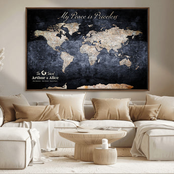85403043-MGV-CV-36X24-Personalized World Map Wall Art – Dark Blue Rustic Adventure Map with Custom Couple Names, Vintage Wall Decor for Home or Travel
