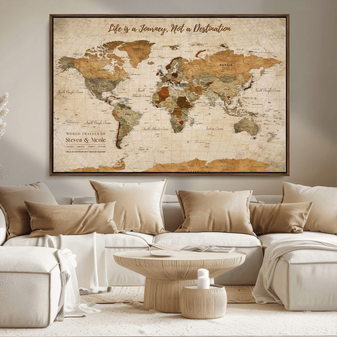 75179116-MGV-CV-36X24-Personalized World Map Wall Art – Rustic Vintage Travel Map with Custom Names, Inspirational Adventure Décor for Couples, Families