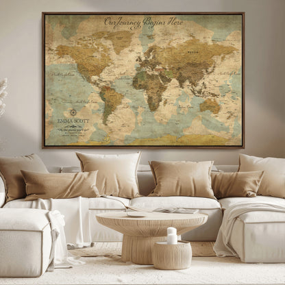 54795344-MGV-CV-36X24-Personalized World Map Wall Art – Vintage Adventure Travel Map with Custom Names, Rustic Wall Décor for Couples, Families