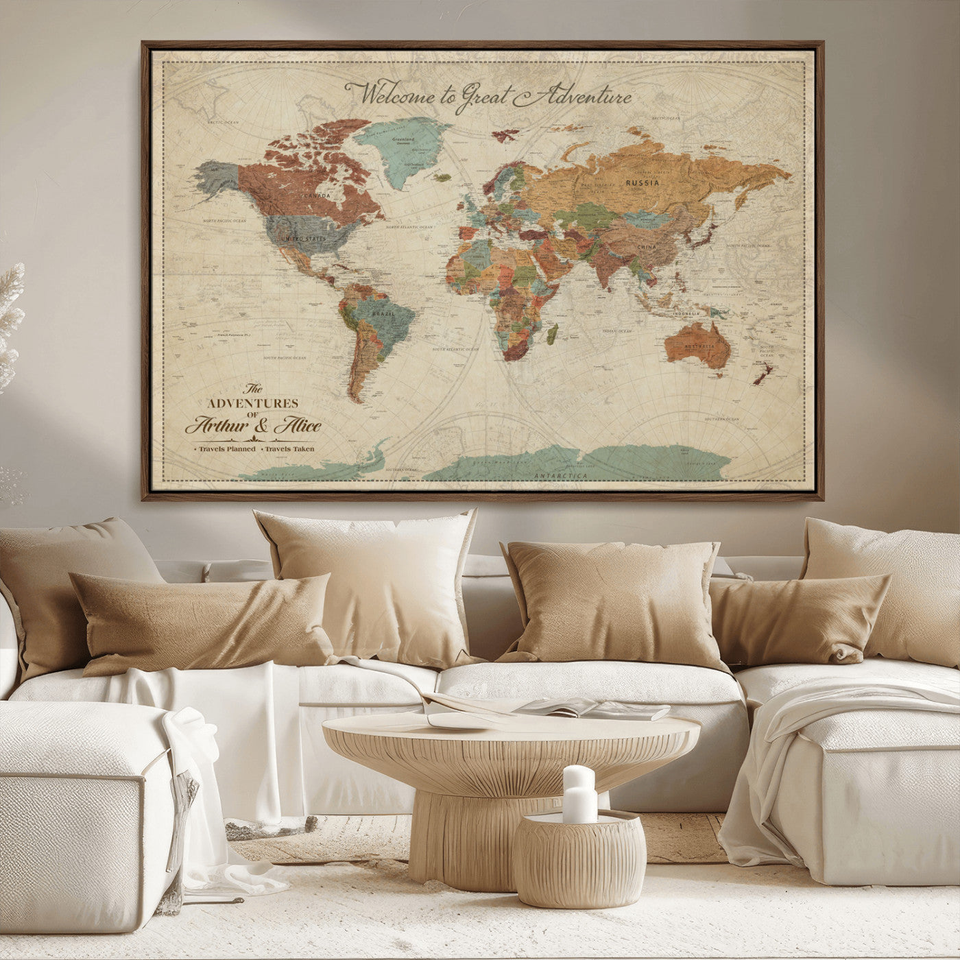 43497401-MGV-FC-36X24_Walnut-Personalized World Map Wall Art – Vintage Rustic Adventure Travel Map with Custom Couple Names, Welcome to Great Adventure Wall