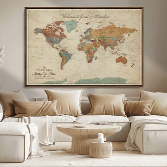 43497401-MGV-FC-36X24_Walnut-Personalized World Map Wall Art – Vintage Rustic Adventure Travel Map with Custom Couple Names, Welcome to Great Adventure Wall