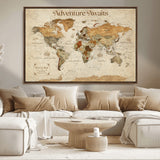18685073-MGV-FC-36X24_Walnut-Personalized World Map Wall Art – Antique Vintage Parchment Adventure Awaits Travel Map with Custom Couple Names, Rustic Wall