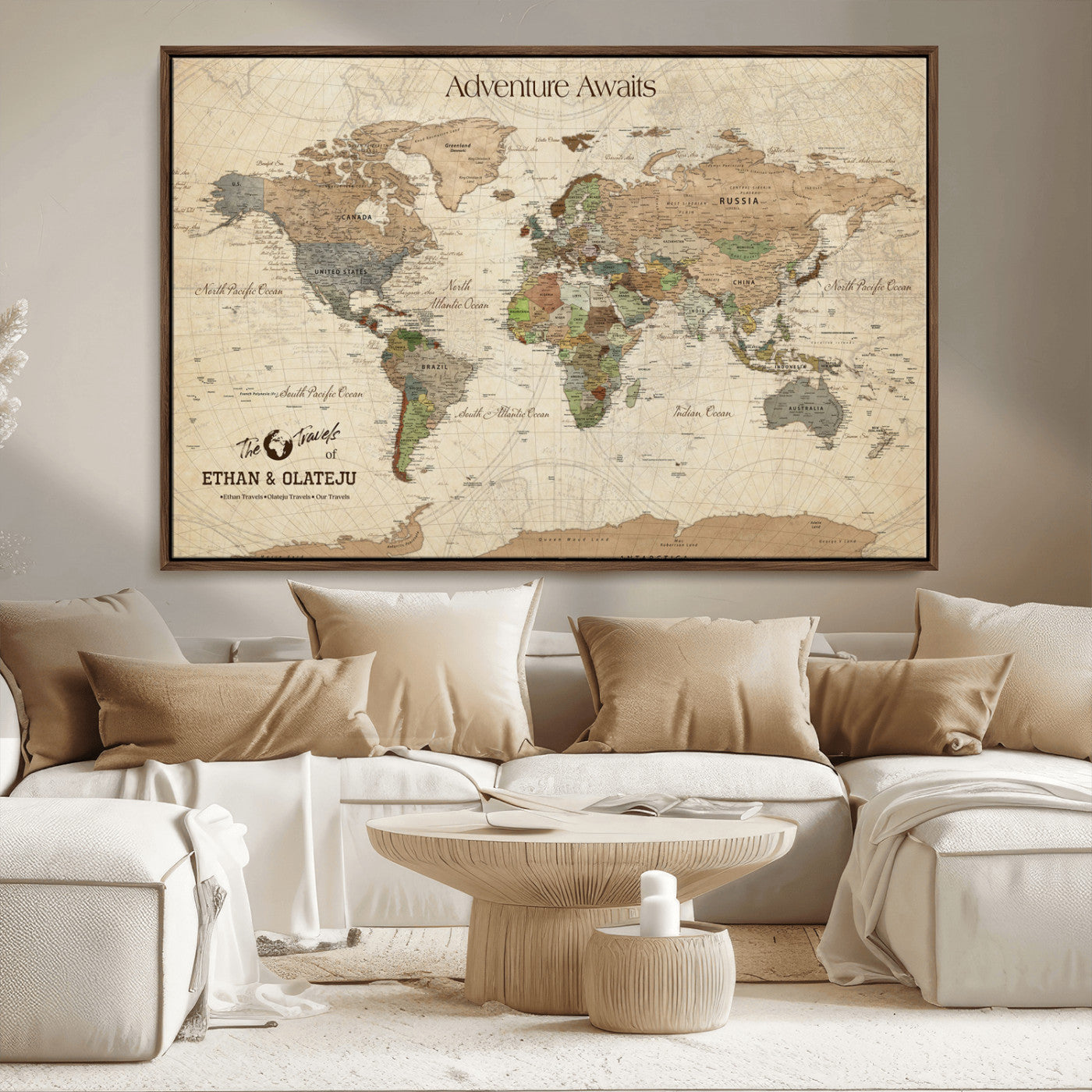 62766900-MGV-CV-36X24-Personalized World Map Wall Art – Antique Parchment Adventure Travel Map with Custom Couple Names, Rustic Wall Decor for Home,