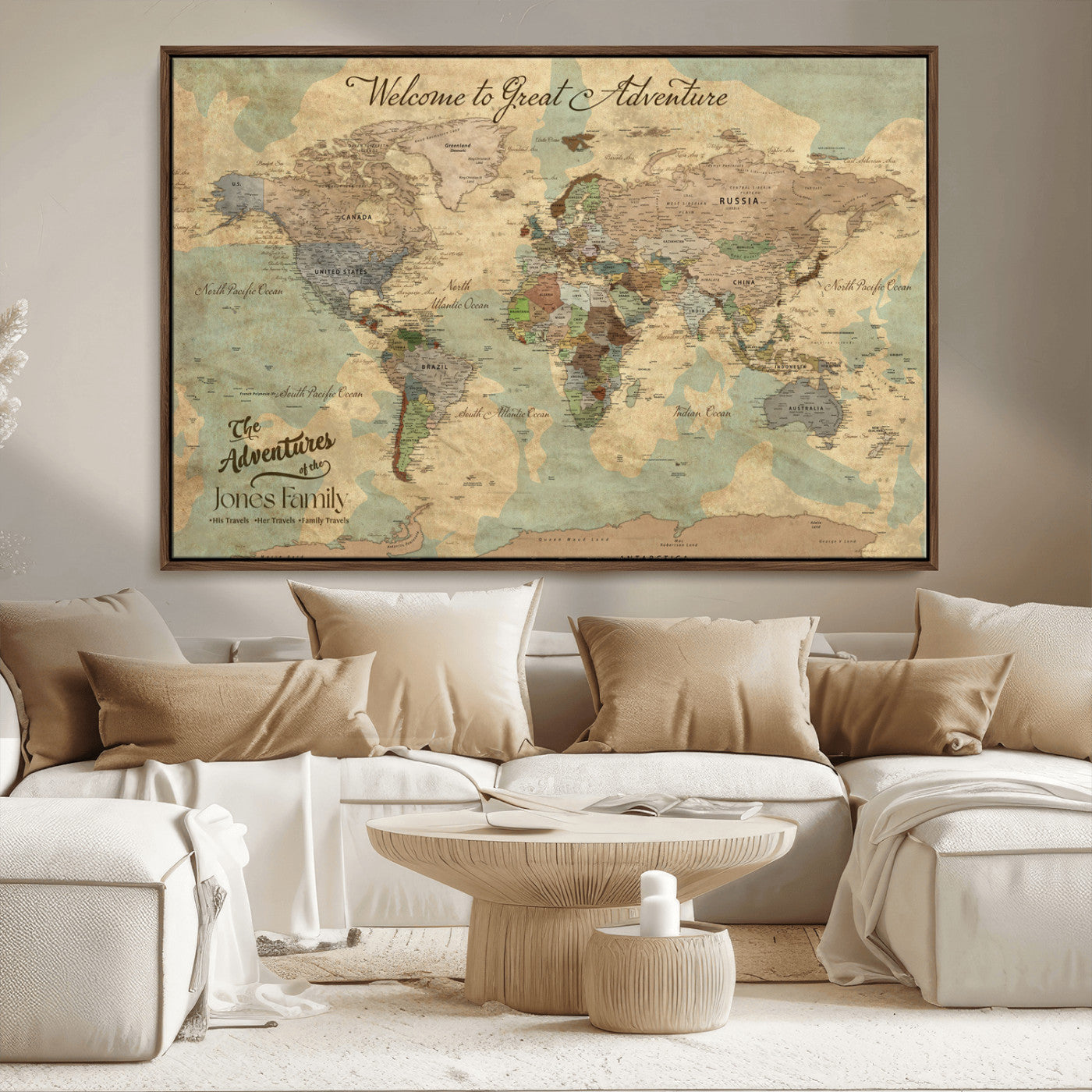 32019746-MGV-CV-36X24-Personalized World Map Wall Art – Vintage Camo Adventure Travel Map with Custom Family Names, Rustic Wall Decor for Couples, Home