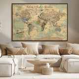 32019746-MGV-CV-36X24-Personalized World Map Wall Art – Vintage Camo Adventure Travel Map with Custom Family Names, Rustic Wall Decor for Couples, Home