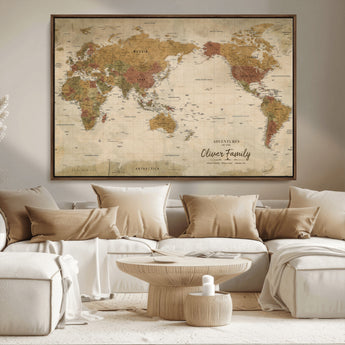 31874045-MGV-CV-36X24-Personalized World Map Wall Art – Vintage Earth Tone Adventure Map with Custom Family Names, Rustic Travel Decor for Home, Couples