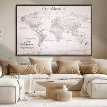 11706567-MGV-FC-36X24_Walnut-Personalized World Map Wall Art – Minimalist Beige Adventure Travel Map with Custom Names, Elegant Push Pin Canvas for Couples,