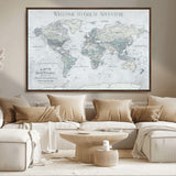 70605050-MGV-FC-36X24_Walnut-Personalized World Map Wall Art – Cool Gray Adventure Travel Map with Custom Names, Elegant Push Pin Canvas for Couples, Family