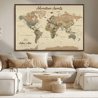 53442996-MGV-CV-36X24-Personalized World Map Wall Art – Adventure Awaits Vintage Travel Map with Custom Couple Names, Rustic Wall Decor for Home,