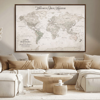93034948-MGV-CV-36X24-Personalized World Map Wall Art – Vintage Beige Adventure Travel Map with Custom Names, Elegant Push Pin Canvas for Couples,