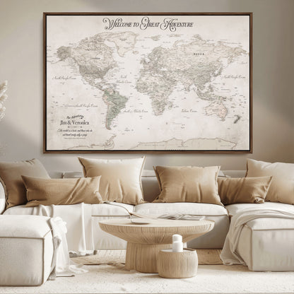 93034948-MGV-CV-36X24-Personalized World Map Wall Art – Vintage Beige Adventure Travel Map with Custom Names, Elegant Push Pin Canvas for Couples,