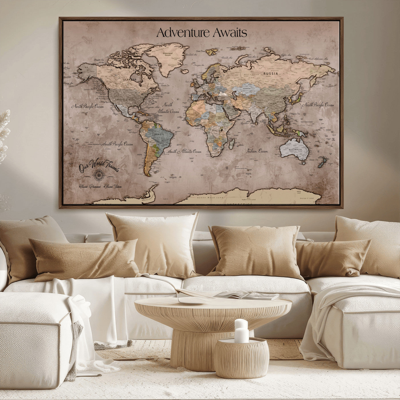 93226713-MGV-CV-36X24-Personalized World Map Wall Art – Adventure Awaits Rustic Earth-Tone Travel Map with Custom Names, Vintage Wall Decor for Couples,