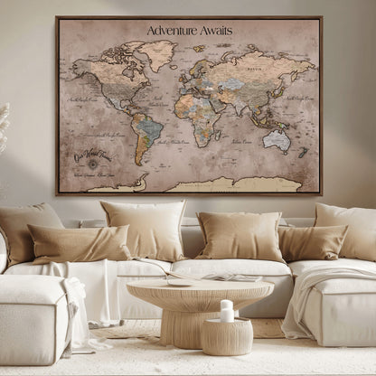 93226713-MGV-CV-36X24-Personalized World Map Wall Art – Adventure Awaits Rustic Earth-Tone Travel Map with Custom Names, Vintage Wall Decor for Couples,