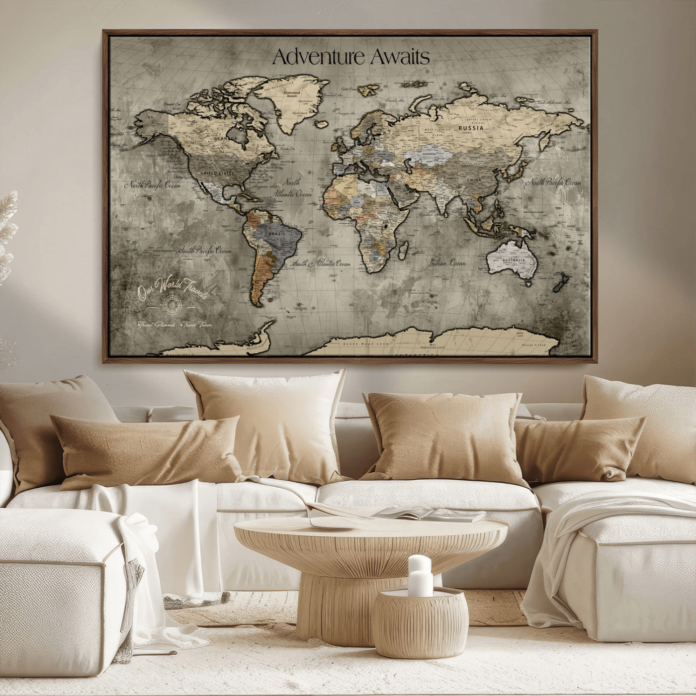 72658967-MGV-FC-36X24_Walnut-Personalized World Map Wall Art – Adventure Awaits Rustic Sepia Travel Map with Custom Names, Vintage Wall Decor for Couples, Home