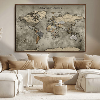 72658967-MGV-FC-36X24_Walnut-Personalized World Map Wall Art – Adventure Awaits Rustic Sepia Travel Map with Custom Names, Vintage Wall Decor for Couples, Home