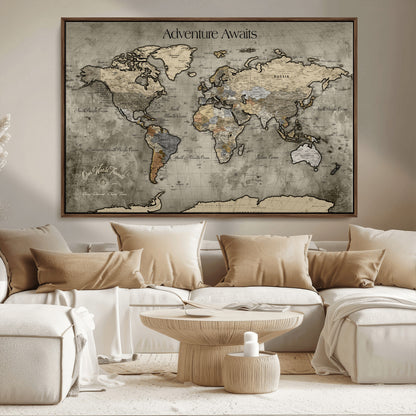 72658967-MGV-FC-36X24_Walnut-Personalized World Map Wall Art – Adventure Awaits Rustic Sepia Travel Map with Custom Names, Vintage Wall Decor for Couples, Home