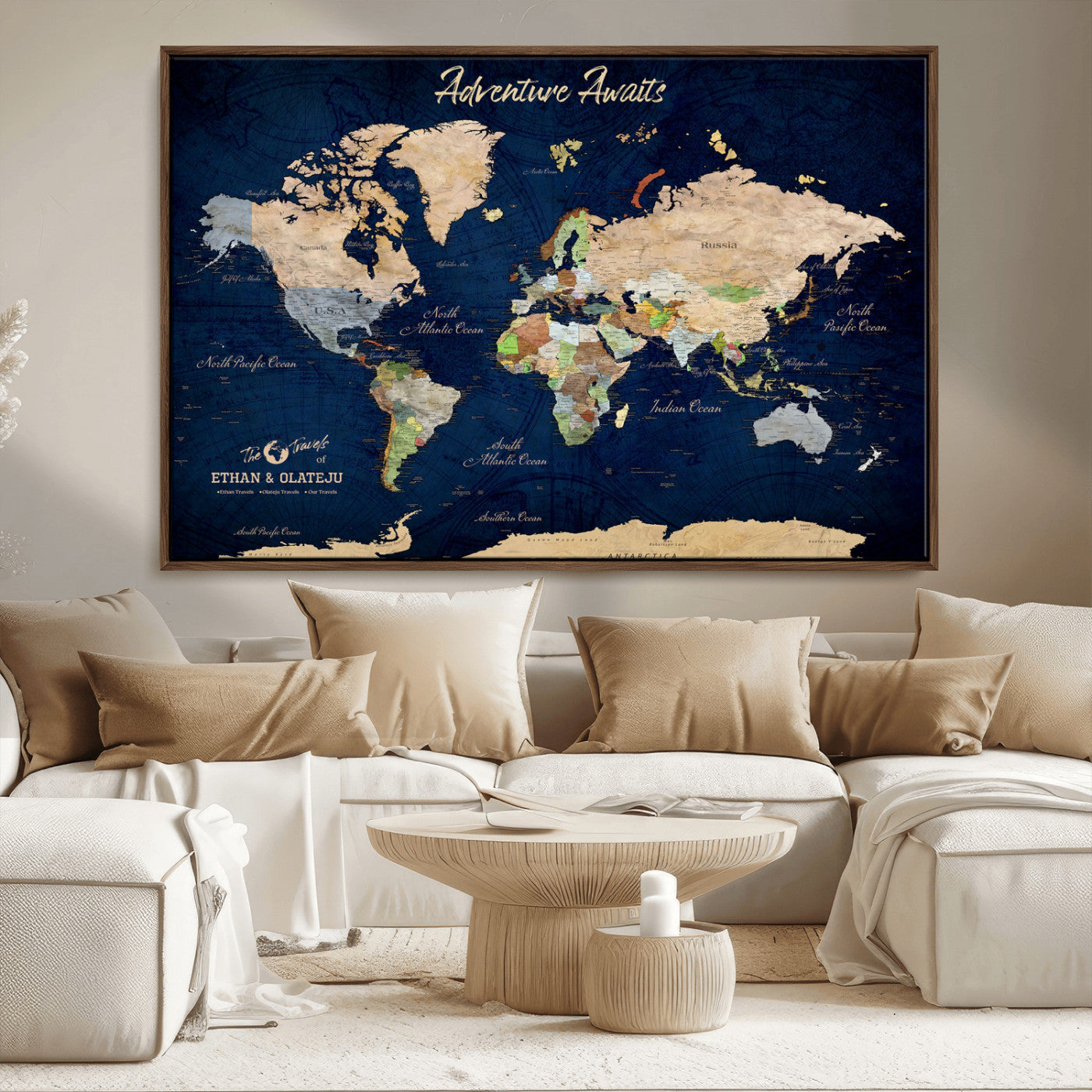 80965072-MGV-FC-36X24_Walnut-Personalized World Map Wall Art – Adventure Awaits Navy Blue Travel Map with Custom Names, Rustic Vintage Wall Decor for Couples,