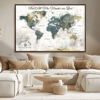 16233493-MGV-CV-36X24-Personalized World Map Wall Art – Rustic Blue Green Wanderlust Travel Map with Custom Couple Names, Vintage Wall Decor for Home