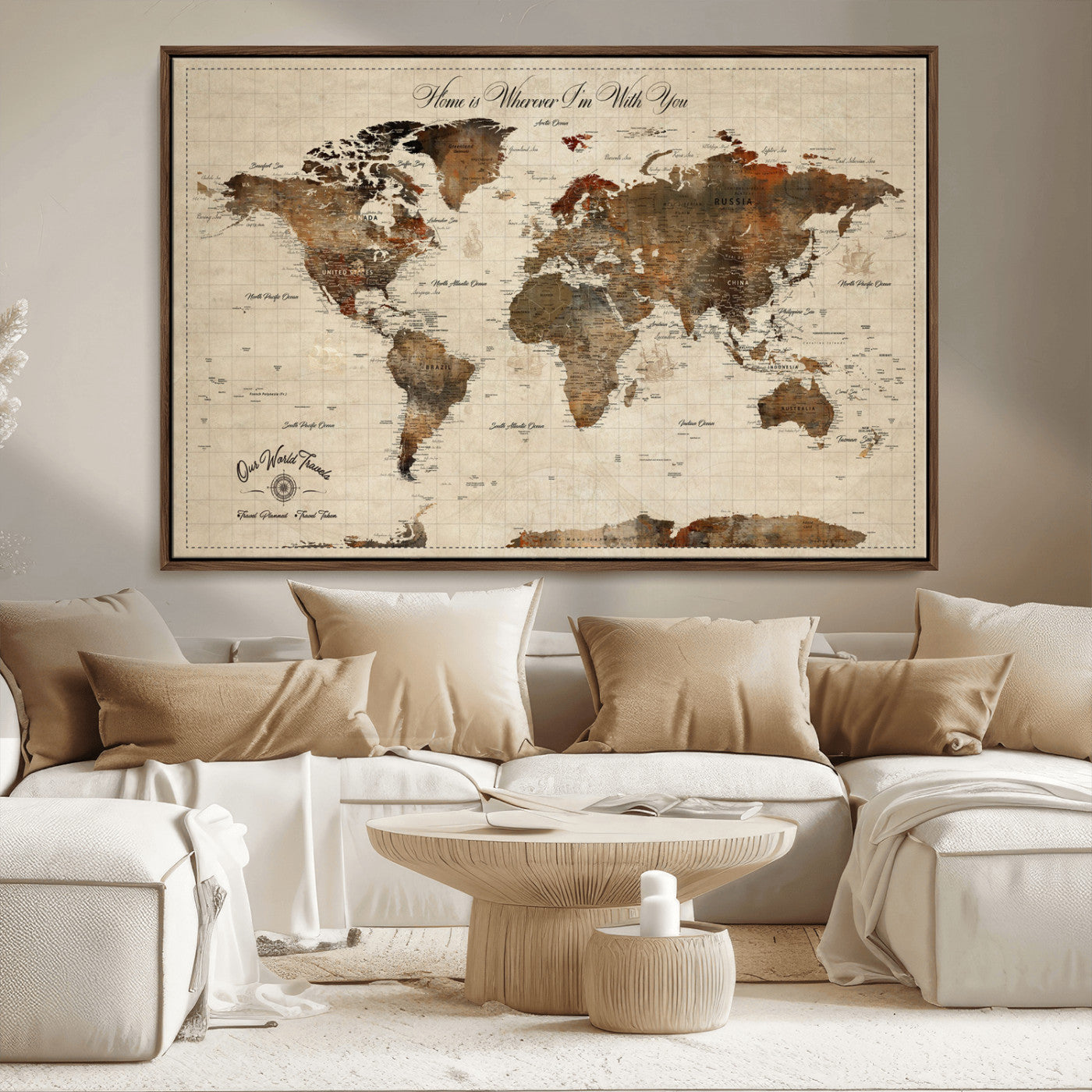 48225643-MGV-CV-36X24-Personalized World Map Wall Art – Rustic Vintage Adventure Travel Map with Custom Couple Names, Romantic Wall Decor for Home or