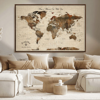 48225643-MGV-CV-36X24-Personalized World Map Wall Art – Rustic Vintage Adventure Travel Map with Custom Couple Names, Romantic Wall Decor for Home or