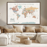 69180591-MGV-CV-36X24-Personalized World Map Wall Art – Rustic Vintage Adventure Travel Map with Custom Family Names, Unique Wall Decor for Couples,