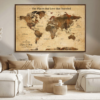 50680593-MGV-CV-36X24-Personalized World Map Wall Art – Rustic Brown Adventure Travel Map with Custom Names, Elegant Push Pin Canvas for Couples Home,