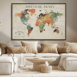 24737989-MGV-FC-36X24_Walnut-Personalized World Map Wall Art – Colorful Vintage Adventure Travel Map with Custom Names, Unique Wall Decor for Couples,