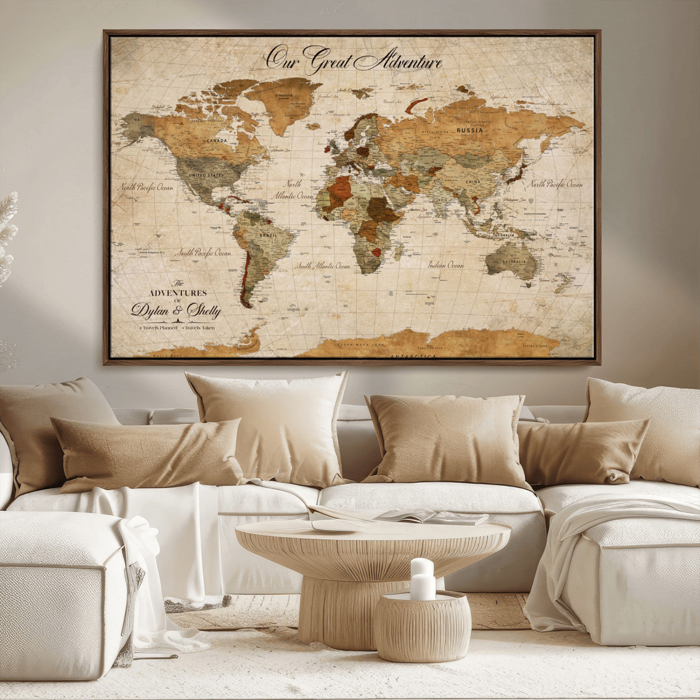 91961147-MGV-FC-36X24_Walnut-Personalized World Map Wall Art – Vintage Sepia Adventure Travel Map with Custom Couple Names, Rustic Wall Decor for Home, Couples