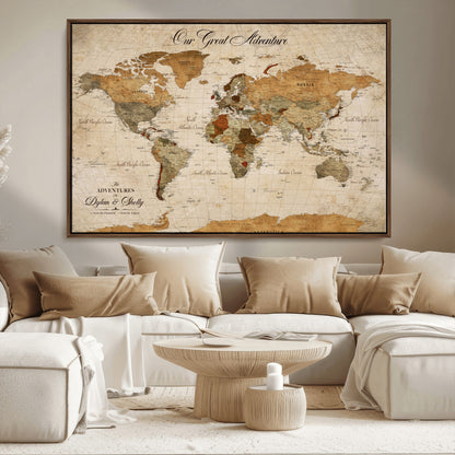 91961147-MGV-FC-36X24_Walnut-Personalized World Map Wall Art – Vintage Sepia Adventure Travel Map with Custom Couple Names, Rustic Wall Decor for Home, Couples