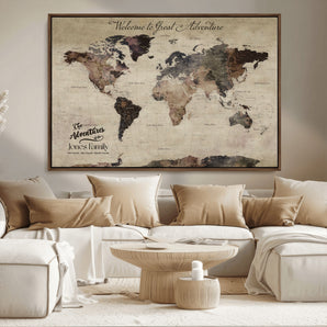 78610079-MGV-FC-36X24_Walnut-Personalized World Map Wall Art – Vintage Rustic Travel Map with Custom Family Name, Adventure Wall Decor for Home, Family Gift or