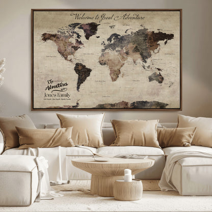 78610079-MGV-FC-36X24_Walnut-Personalized World Map Wall Art – Vintage Rustic Travel Map with Custom Family Name, Adventure Wall Decor for Home, Family Gift or