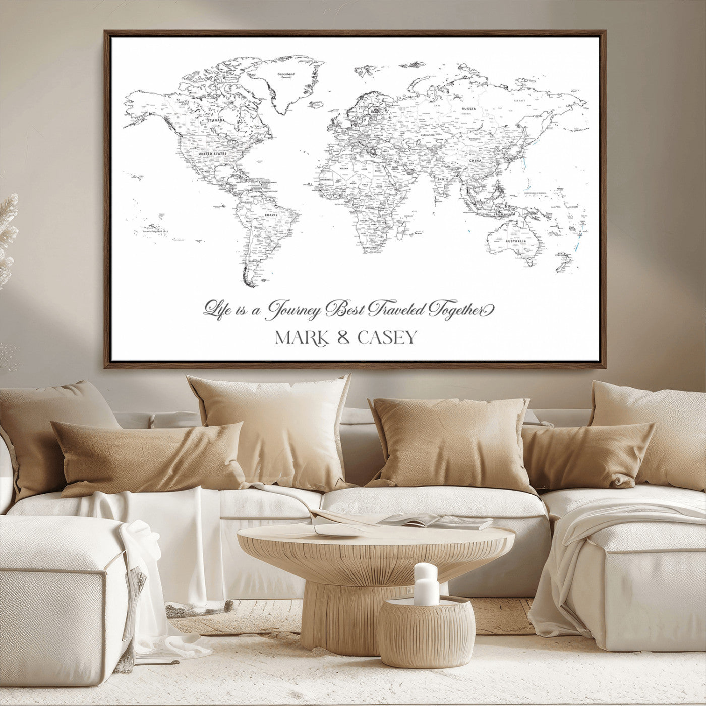 43438578-MGV-CV-36X24-Personalized World Map Wall Art – Black and White Minimal Travel Map with Custom Names, Elegant Wall Decor for Couples, Wedding or