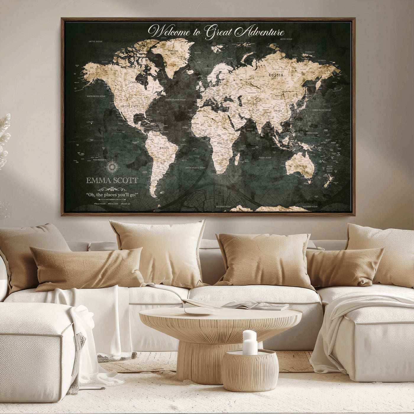 70534097-MGV-CV-36X24-Personalized World Map Wall Art – Dark Vintage Adventure Style Travel Map with Custom Names, Unique Wall Decor for Couples, Home
