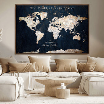13231361-MGV-FC-36X24_Walnut-Personalized World Map Wall Art – Navy Blue Vintage Adventure Travel Map with Custom Names, Elegant Push Pin Canvas for Couples