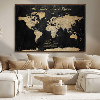 98947257-MGV-FC-36X24_Walnut-Personalized World Map Wall Art – Vintage Black Adventure Travel Map with Custom Names, Elegant Push Pin Canvas for Couples Home