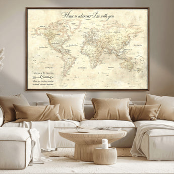 57950315-MGV-FC-36X24_Walnut-Personalized World Map Wall Art – Vintage Beige Travel Map with Custom Names, Romantic Anniversary Gift for Couples, Adventure