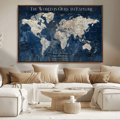 16933330-MGV-CV-36X24-Personalized World Map Wall Art – Navy Blue Vintage Travel Map with Custom Names, Anniversary Gift for Couples Romantic Adventure